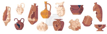 Illustration for Set Of Old Broken Pots , Decorative Pottery, Vases, Jugs Or Pitchers. Antique Archaeological Artifacts, Roman Or Greek Crockery With Ornament Isolated On White Background. Cartoon Vector Illustration - Royalty Free Image