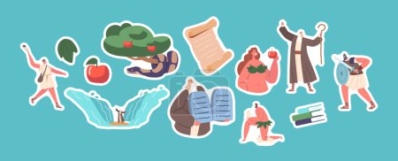 Ilustración de Set of Stickers Bible Narratives and Stories, Isolated Patches With Legendary Characters and Scenes. Eva and Snake, David And Goliath, Moses with Table and Parting and Sea. Cartoon Vector Illustration - Imagen libre de derechos