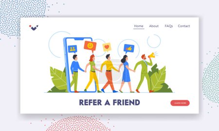 Illustration for Refer a Friend Landing Page Template. Referral Program Business Concept. Salesman Character Shouting to Megaphone Attracting Audience. People Connected with Network. Cartoon Vector Illustration - Royalty Free Image