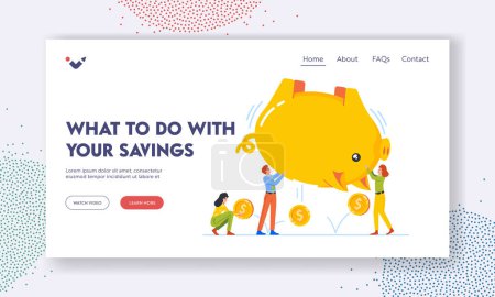 Ilustración de Savings Landing Page Template. Tiny Male and Female Characters Shaking Huge Piggy Bank and Pick Up Falling Coins. People Collecting Money, Taking Cash from Pig Moneybox. Cartoon Vector Illustration - Imagen libre de derechos