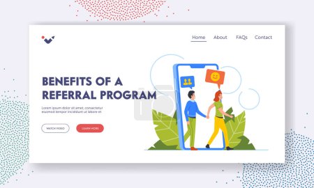 Illustration for Benefits of Referral Program Landing Page Template. Refer a Friend Marketing Promotion, Business Strategy with Customer Characters go out of Huge Smartphone Screen. Cartoon People Vector Illustration - Royalty Free Image