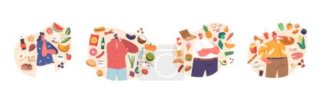 Illustration for Food Choice Concept with Male and Female Characters Choose between Healthy and Unhealthy Meals. Man or Woman Products Eating Priorities Isolated Elements. Cartoon People Vector Illustration - Royalty Free Image