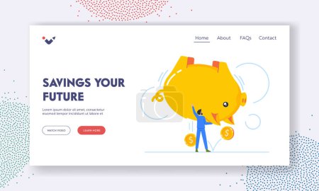 Ilustración de Savings for Future Landing Page Template. Tiny Male Character Shaking Huge Piggy Bank, Business Man Bankruptcy, Budget, Finance. Person Taking Coins from Moneybox. Cartoon People Vector Illustration - Imagen libre de derechos