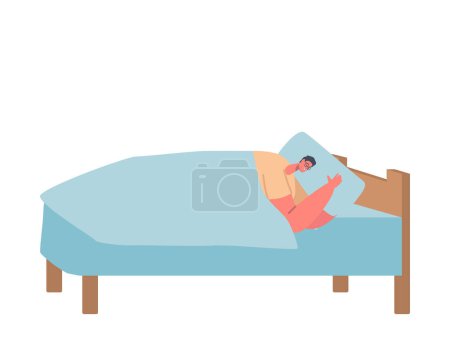 Illustration for Smiling Young Man in Glasses Sleeping on Bed. Rest after Work. Satisfied Businessman Character Resting after Successful Day Isolated on White Background. Cartoon People Vector Illustration - Royalty Free Image