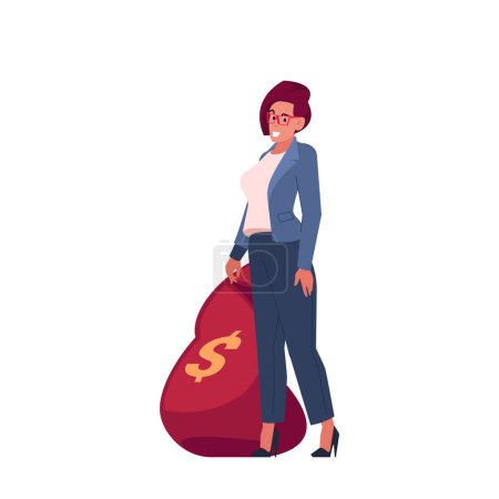 Illustration for Smiling Young Businesswoman Character with Large Bag of Money Isolated on White Background. Rich Female in Glasses, Successful Business Development Strategy. Cartoon People Vector Illustration - Royalty Free Image