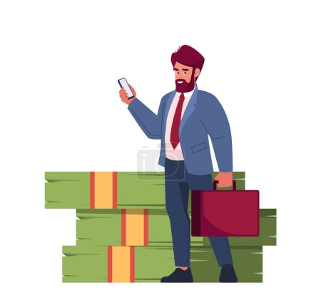 Ilustración de Happy Rich Businessman Character Isolated on White Background. Wealthy Man with Briefcase and Mobile Phone near Pile of Cash, Increase in Financial Income Concept. Cartoon People Vector Illustration - Imagen libre de derechos
