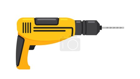 Illustration for Drill Power Tool Isolated on White Background Icon. Professional Electric Instrument Home Repair and Construction Site Industrial Equipment. Handyman Work Machine. Cartoon Vector Illustration - Royalty Free Image