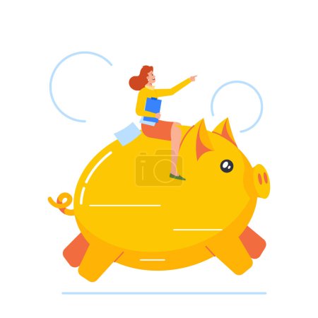 Illustration for Woman Riding Piggy Bank Isolated on White Background. Female Character with Business Papers Showing Motion Direction. Financial Development of Company Concept. Cartoon People Vector Illustration - Royalty Free Image
