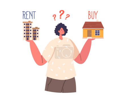 Illustration for Financial Choice to Buy or Rent Apartment Isolated on White. Woman Choosing between Home Ownership and Rental. Doubting Character Making Decision. Cartoon People Vector Illustration - Royalty Free Image