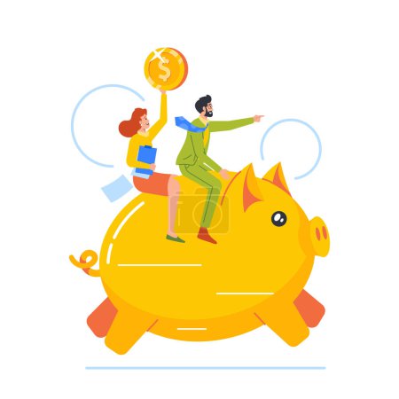Ilustración de Businesspeople Characters Riding Piggy Bank Showing Direction and Holding Golden Coin Isolated on White Background. Successful Financial Development Concept. Cartoon Vector People Illustration - Imagen libre de derechos
