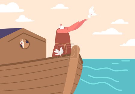 Illustration for Biblical Story Saved by God Noah Character Letting Dove Fly into Sky Standing on Deck of Ark. Noah Ark Saving Life on Planet. God Preserved Man from Genesis Flood. Cartoon People Vector Illustration - Royalty Free Image