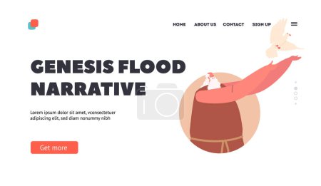 Illustration for Genesis Flood Narrative Landing Page Template. Noah Character Release Dove into Sky from Ark. Biblical Story about Cleansing of Earth from Sinners. Cartoon People Vector Illustration - Royalty Free Image