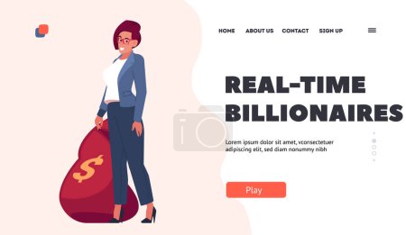 Téléchargez les illustrations : Real-time Billionaires Landing Page Template. Wealthy Young Woman with Money Bag. Businesswoman in Glasses Receiving Income from Successful Deal Concept. Cartoon People Vector Illustration - en licence libre de droit