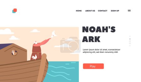 Illustration for Story of Salvation of Life on Earth Landing Page Template. Noah Character Stand on Deck of Ark with Saved from Water Dove and Dog. Genesis Flood Biblical Concept. Cartoon People Vector Illustration - Royalty Free Image