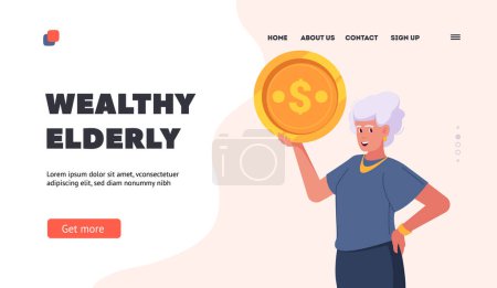 Illustration for Wealthy Elderly Landing Page Template. Rich Old Businesswoman Holding Big Golden Coin. Prosperous Life of Happy Retired Female, High Pension Payment Concept. Cartoon People Vector Illustration - Royalty Free Image