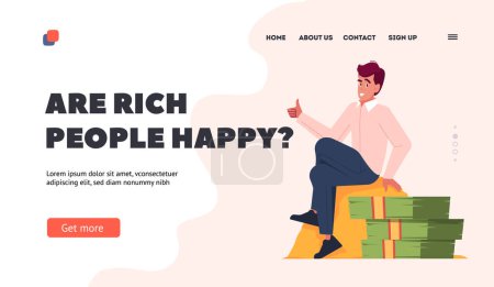 Téléchargez les illustrations : Happiness of Rich People Landing Page Template. Happy Young Businessman Sitting on Pile of Gold Coins and Showing Thumb Up. Wealthy Man with Banknotes Concept. Cartoon People Vector Illustration - en licence libre de droit