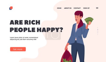 Photo for Rich People Happiness Landing Page Template. Young Businesswoman Holding Bag and Fan of Banknotes. Contented Wealthy Female Character Rejoice at Receiving Profit Concept. Cartoon Vector Illustration - Royalty Free Image