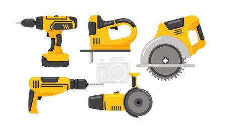 Illustration for Power Tools Isolated on White Background Icons Set. Professional Electrical Instruments for Maintenance and Building Collection. Construction Site Equipment. Cartoon Vector Illustration - Royalty Free Image