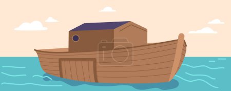 Illustration for Noah Ark Surrounded by Sea Water under Clear Sky. Great Wooden Ship for Salvation of Mankind and Animal Life on Earth. Famous Biblical Narrative about Genesis Flood. Cartoon Vector Illustration - Royalty Free Image