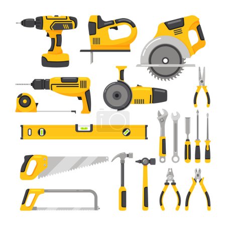 Illustration for Manual and Power Tools Isolated on White Background Icons Set. Instruments Collection for Maintenance and Repair. Professional Handyman Kit. Construction Site Equipment. Cartoon Vector Illustration - Royalty Free Image