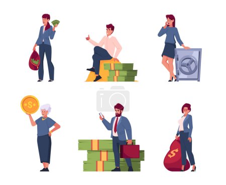 Téléchargez les illustrations : Set of Successful Businesspeople. Happy Rich People Characters with Money Bags, Coin, Cash and Safe. Wealthy Adult and Senior Women Isolated on White Background. Cartoon Vector Illustration - en licence libre de droit