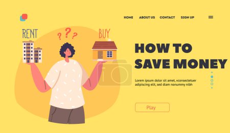 Téléchargez les illustrations : Saving Money Landing Page Template. Pensive Young Woman Character Choosing between Renting and Buying Home. Finding the Best Financial Solution Concept. Cartoon People Vector Illustration - en licence libre de droit