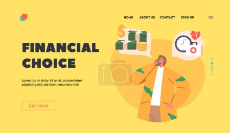Illustration for Financial Choice Landing Page Template. Young Thoughtful Woman Character Choose between Saving Money and Spending on Medical Services, Saving Budget Concept. Cartoon People Vector Illustration - Royalty Free Image