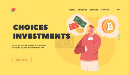 Ilustración de Successful Investment Choices Landing Page Template. Thoughtful Young Man Character Decide whether to Invest Money in Bitcoin, Buying Digital Currency Concept . Cartoon People Vector Illustration - Imagen libre de derechos