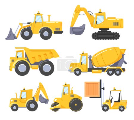 Illustration for Set of Construction Cars, Equipment for Building. Machinery for Construction Site. Bulldozer, Excavator, Dump Truck, Concrete Mixer, Roller and Forklift Isolated on White. Cartoon Vector Illustration - Royalty Free Image
