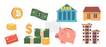 Téléchargez les illustrations : Set Financial Buildings and Items. Bank and Realty, Money Banknotes and Coins, Cryptocurrency, Credit Card, Piggy Bank, Dollar Icons Isolated on White Background. Cartoon Vector Illustration - en licence libre de droit