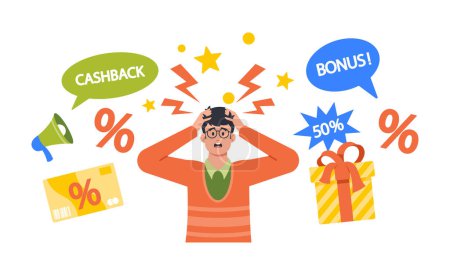 Illustration for Nervous Young Man Character Outraged by Intrusive Advertising Isolated on White Background. Excessive Promotion of Goods and Services. Cashback and Bonus. Cartoon People Vector Illustration - Royalty Free Image