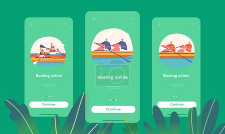 Illustration for Boating Online Mobile App Page Onboard Screen Template. Sporty Men Characters in Safety Vests Paddling on River. Recreational Activity on Water Concept. Cartoon People Vector Illustration - Royalty Free Image