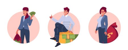 Illustration for Happy Rich Businesspeople with Money Cash. Wealthy Life Icons on White Background. Young Male and Female Characters Holding Bags with Currency and Showing Thumb Up. Cartoon People Vector Illustration - Royalty Free Image