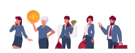 Téléchargez les illustrations : Young and Senior Business Characters, Rich People Isolated on White Background. Financial Growth, Family Savings, Successful Business Projects Concept. Cartoon People Vector Illustration - en licence libre de droit