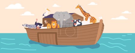 Illustration for Animals on Noah Ark, God Salvation of Life on Earth Concept. Domestic and Wild Creatures on Large Wooden Ship Surrounded by Water. Famous Bible Story about Genesis Flood. Cartoon Vector Illustration - Royalty Free Image