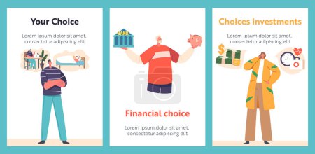 Ilustración de Banners with People Characters Make Choice about Financial Matters. Investments, Working Hours and Deposit Invest Solutions. Successful Money Management Concept. Cartoon Vector Illustration, Poster - Imagen libre de derechos