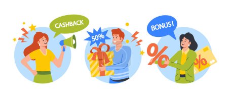 Téléchargez les illustrations : Promoters Offer Discounts and Gifts Isolated Round Icons or Avatars. Woman Speak into Loudspeaker Making Announcement about Promotional Products, Cashback and Bonus. Cartoon People Vector Illustration - en licence libre de droit