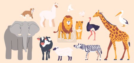 Illustration for Set of Domestic and Wild Animals Isolated Icons. Elephant and Dog, Alpaca, Pigeons, Lion, Cow and Sheep. Crane, Zebra, Giraffe and Ostrich on Pink Background. Cartoon Vector Illustration - Royalty Free Image