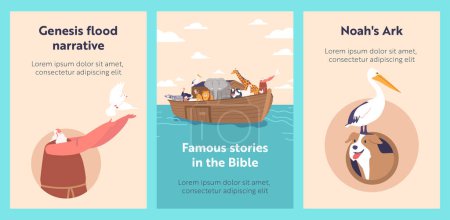 Téléchargez les illustrations : Cartoon Banners with Biblical Story about Noah Character Salivating on Ark. Saving Life on Earth, God Saves Man and Animals from Water. Genesis Flood Religious Concept. Vector Illustration, Poster - en licence libre de droit