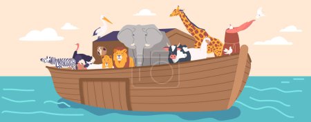 Photo pour Genesis Flood Narrative Scene with Ark and Noah Letting Dove Fly into Sky. Majestic Ship with Saved Animals Sailing on Endless Water Surface under Clear Sky. Cartoon People Vector Illustration - image libre de droit