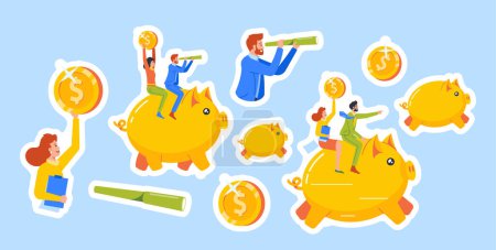 Illustration for Set of Stickers Family Cash Savings, Budget Planning. People Riding Piggy Bank. Woman with Papers and Man with Spyglass Cartoon Characters Financial Growth Patches. Vector Illustration - Royalty Free Image