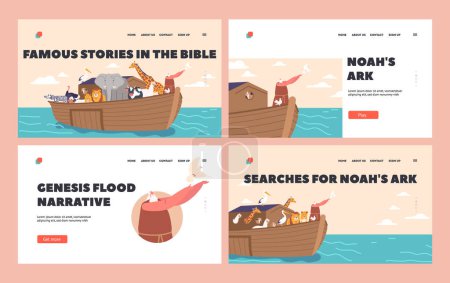 Téléchargez les illustrations : Story about Genesis Flood Landing Page Template Set. Noah Character on Large Ship with Saved Animal Life. Cleansing of Earth and Preservation of Humanity. Cartoon People Vector Illustration - en licence libre de droit