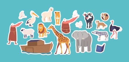 Illustration for Set of Stickers Noah Character with Ark and Saved Domestic and Wild Animals. Exotic Animals and Birds, Herbivores and Carnivores Isolated Patches on Blue Background. Cartoon Vector Illustration - Royalty Free Image