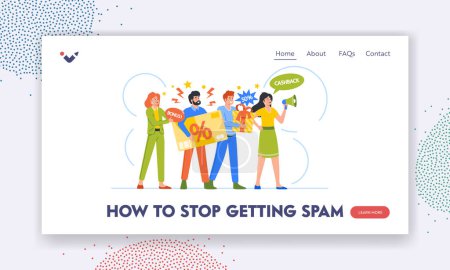 Ilustración de How to Stop Spam Landing Page Template. Annoying Salespeople Characters Insistently Announce Special Offers. Male and Female People Loudly Advertise Goods. Concept. Cartoon Vector Illustration - Imagen libre de derechos
