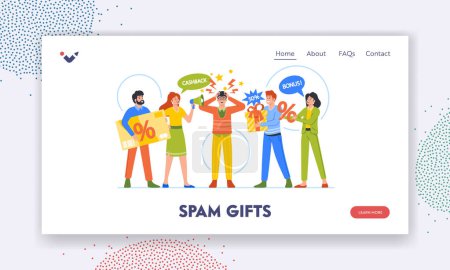 Téléchargez les illustrations : Spam Gifts Landing Page Template. Male Tired of Intrusive Advertising. Sellers Characters Loudly Offer Bonuses and Discounts. Excessively Active Marketing Concept. Cartoon People Vector Illustration - en licence libre de droit
