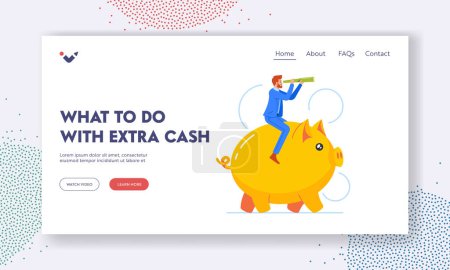 Illustration for Entrepreneur Looking for Investment Landing Page Template. Businessman Character Riding Piggy Bank and Looking through Spyglass. Financial Fund, Extra Cash Concept. Cartoon People Vector Illustration - Royalty Free Image