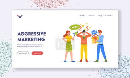 Illustration for Aggressive Marketing Landing Page Template. Buyer Character in Stress of Intrusive Advertising. Persistent Sellers Offer Discounted Items, Annoying Services Concept. Cartoon People Vector Illustration - Royalty Free Image