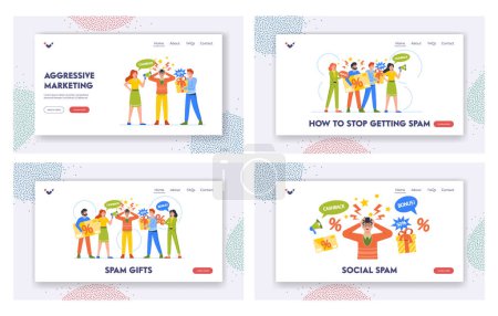 Téléchargez les illustrations : Stop Sending Spam Landing Page Template Set. Seller Characters Impose Goods by Offering Discounts and Promotions to Confused Buyer, Active Advertising Concept. Cartoon People Vector Illustration - en licence libre de droit