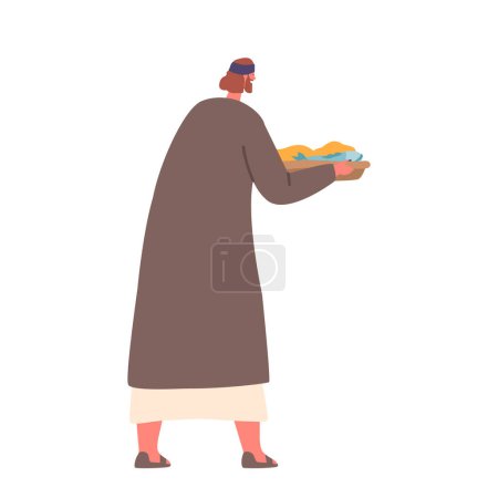 Illustration for Follower of Jesus Holds Tray with Bread and Fish. Believing Man Character Gives Food to Hungry People. Biblical Story about Christ Miracle Isolated on White Background. Cartoon Vector Illustration - Royalty Free Image
