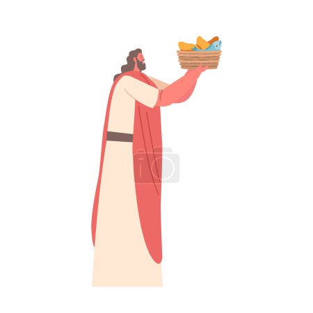 Illustration for Bearded Apostle Character Holds Basket with Fish and Bread. Man Feeding Hungry Crowd. Story of Miracle Performed by Son of God Isolated on White Background. Cartoon People Vector Illustration - Royalty Free Image